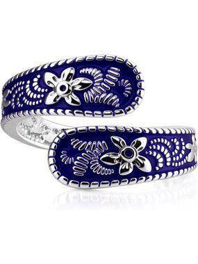 Women's Silver & Blue Spoon Carving Design Stainless Steel Adjustable Ring